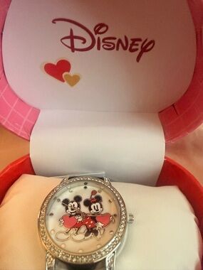 Brand new in gift box Disney Mickey n Minnie watch.  Black faux crocodile strap